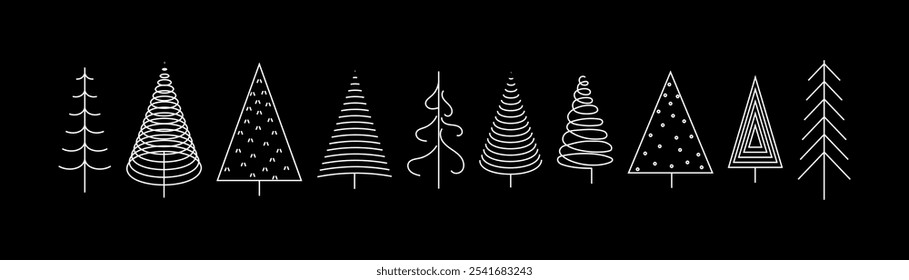 Hand drawn set of Christmas line art trees. New Year illustration. Abstract doodle drawing woods. Merry Christmas vector