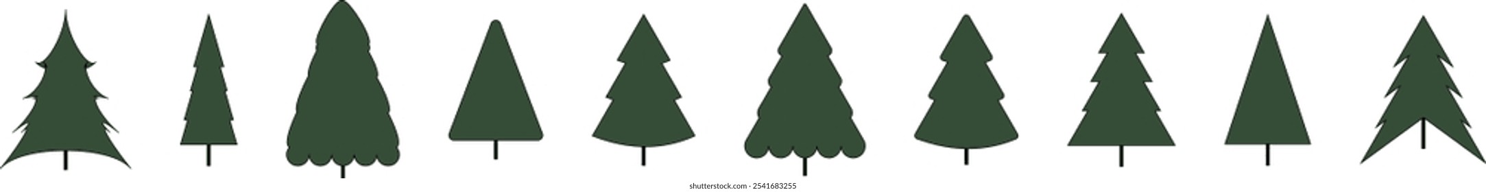 Hand drawn set of Christmas line art trees. New Year illustration. Abstract doodle drawing woods. Merry Christmas vector
