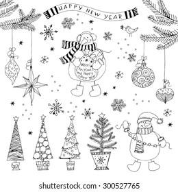 Hand Drawn Set Of  Christmas And New Year Decoration. Set Of Calligraphic Designs,  Christmas trees, snowman, Christmas decorations, snowflakes, for Holiday Greeting Cards. Vector illustration.