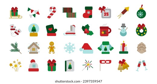 Hand drawn set of Christmas party design elements. Bells, Christmas balls, advent calendar, New Year's stocking, gift box, candy cane and more in sketch style. Vector illustration on white background