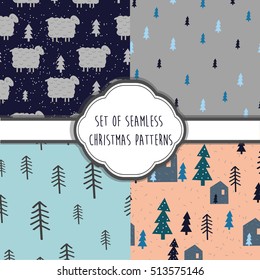Hand drawn set of Christmas seamless patterns. Vector Wrapping paper