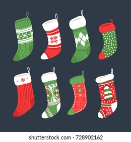 Hand drawn set of Christmas socks for gifts. Holidays background. Abstract  doodle drawing. Vector art illustration