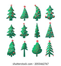 Hand drawn set Christmas symbol trees, firs, pines with garlands, star, light bulb isolated on white background. Vector flat illustration. Design for greeting card, invitation, banner.