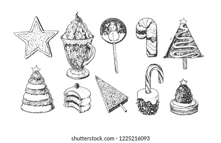 Hand drawn set with Christmas treats. Sweets, cookies, lollipop, cocktail, etc. Winter season holiday illustration. Isolated elements. New Year collection.