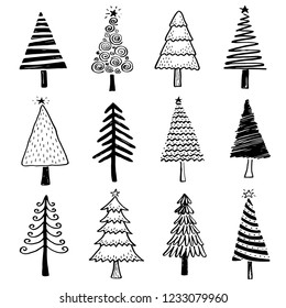 Hand drawn set of christmas tree and pine with different shapes. Cut isolated vector illustration for your christmas, greeting banner design. Doodle sketch style. Tree element drawn by brush-pen. 