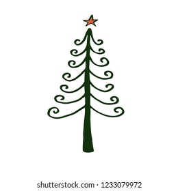 Hand drawn set of christmas tree or pine with cute shapes. Cut isolated vector illustration for your christmas, greeting banner design. Doodle sketch style. Tree element drawn by brush-pen. 