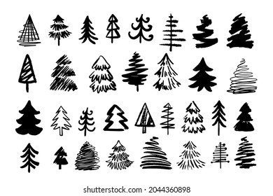 Hand drawn set christmas tree icons. Vector illustration of doodle style