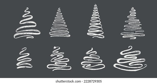 Hand drawn set Christmas tree. Abstract doodle grunge drawing woods. Vector stock illustration isolated on black chalkboard background. EPS10