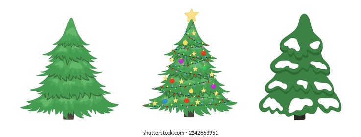 Hand drawn set of Christmas tree, decorative colorful Christmas ball, garland, star and snow. Vector sketch Illustration. Happy New Year collection for winter holidays