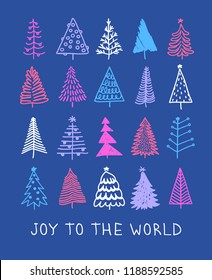 Hand drawn set of Christmas trees and Quote. Holidays background and Greetings. Abstract  doodle drawing woods and text. Vector art illustration
