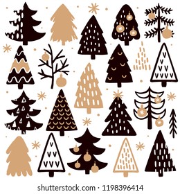 Hand drawn set of Christmas trees. Holidays background. Perfect to create holiday cards, backgrounds, ornaments, decoration