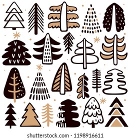 Hand drawn set of Christmas trees. Holidays background. Perfect to create holiday cards, backgrounds, ornaments, decoration