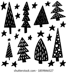 Handgezeichnet mit Weihnachtsbäumen. Feiertage, Hintergrund. Abstrakte Zeichnung aus Caraculholz. Vektorgrafik-Illustration