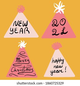 Hand drawn set of Christmas trees and Quote. Holidays background and Greetings. Abstract doodle drawing woods and text. Vector art illustration