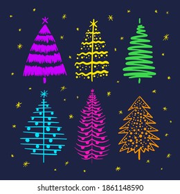 Hand drawn set of Christmas trees. Holidays background and Greetings. Abstract doodle drawing woods and text. Vector art illustration