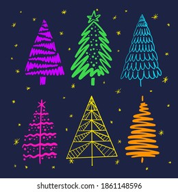 Hand drawn set of Christmas trees. Holidays background and Greetings. Abstract doodle drawing woods and text. Vector art illustration