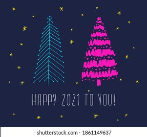 Hand drawn set of Christmas trees and Quote. Holidays background and Greetings. Abstract doodle drawing woods and text. Vector art illustration