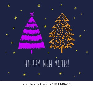 Hand drawn set of Christmas trees and Quote. Holidays background and Greetings. Abstract doodle drawing woods and text. Vector art illustration