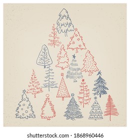 Hand drawn set of Christmas trees. Holidays symbols. Abstract doodle drawing of christmas symbol.