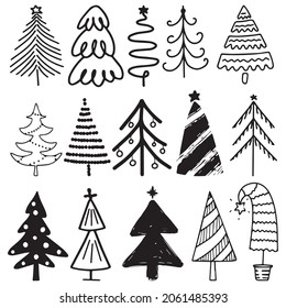 Hand drawn set of Christmas trees. Holidays background. 