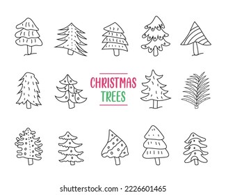 Hand drawn set of Christmas trees. Abstract doodle drawing of Christmas trees. Vector art illustration
