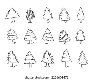 Hand drawn set of Christmas trees. Abstract doodle drawing of Christmas trees. Vector art illustration