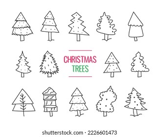 Juego de árboles de Navidad dibujado a mano. Dibujo abstracto de garabatos de árboles de Navidad. Ilustración de vectores