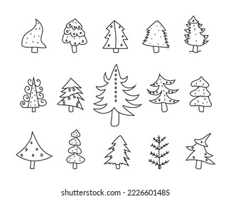 Hand drawn set of Christmas trees. Abstract doodle drawing of Christmas trees. Vector art illustration