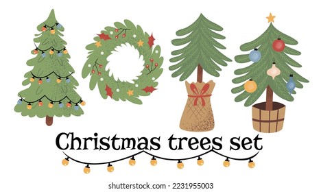 Hand drawn set with Christmas trees and wreath, decorated with ornaments, toys and mistletoe. Isolated vector illustration