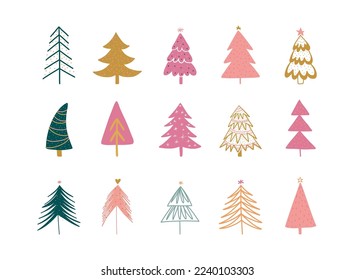 Hand drawn set of Christmas trees. Holidays boho modern set. Scandinavian spruces trees childish cartoon doodle boho naive funky handdrawn style art. Vector illustration