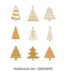 Hand drawn set of Christmas trees. Holidays set. 