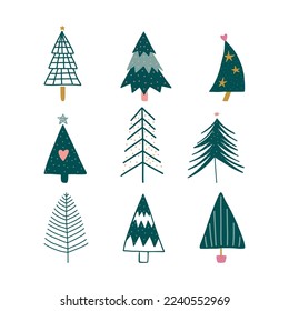 Hand drawn set of Christmas trees. Holidays set. 