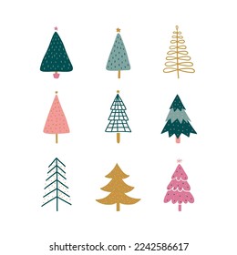 Handgezeichnet mit Weihnachtsbäumen. Feiertage, moderner Hintergrund. Abstrakter Dodle-Ziehwald. Vektorgrafik-Illustration