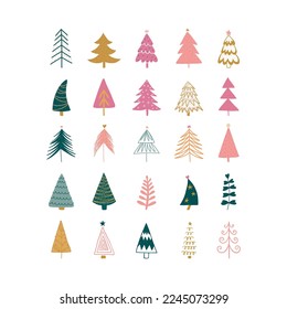 Juego de árboles de Navidad dibujado a mano. Marco moderno de vacaciones. Dibujo de garabatos abstractos en los bosques. Ilustración de vectores