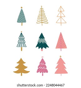 Hand drawn set of Christmas trees. Holidays set. 