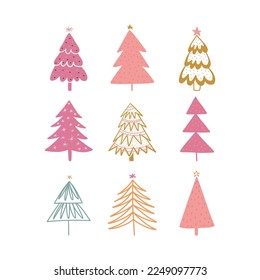 Juego de árboles de Navidad dibujado a mano. Marco moderno de vacaciones. Dibujo de garabatos abstractos en los bosques. Ilustración de vectores