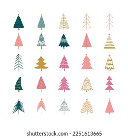Hand drawn set of Christmas trees. Holidays modern background. Abstract doodle drawing woods. Vector art illustration