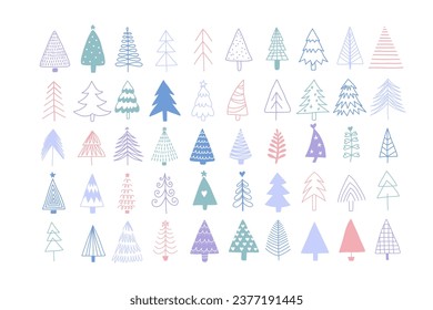 Hand drawn set of Christmas trees. Holidays modern cute element collection. Abstract doodle drawing woods. Vector art illustration