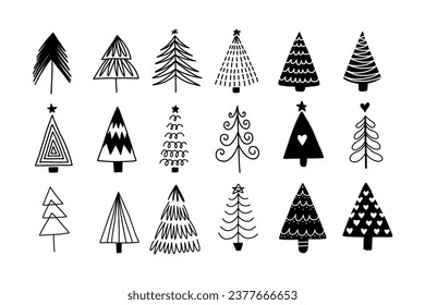 Hand drawn set of Christmas trees. Holidays modern background. Abstract doodle drawing woods. Vector art illustration