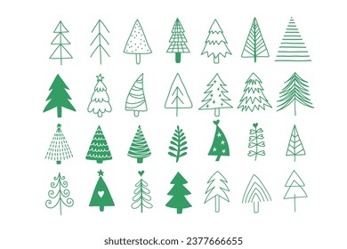 Hand drawn set of Christmas trees. Holidays modern art. Abstract doodle blue drawing woods. Vector isolated illustration