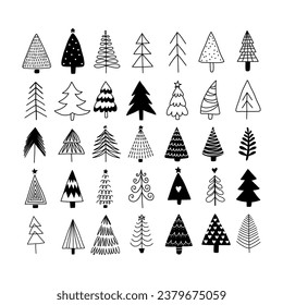 Juego de árboles de Navidad dibujado a mano. Marco moderno de vacaciones. Dibujo de garabatos abstractos en los bosques. Ilustración de vectores
