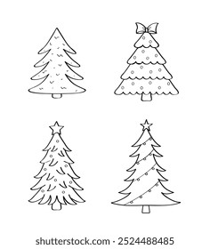 Hand drawn set of Christmas trees. Christmas decorated fir trees isolated on white. Vector illustration of doodle style.