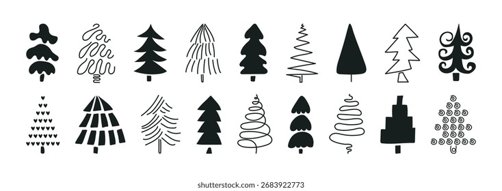 Dibujado a mano conjunto de árboles de Navidad. Abstractas línea doodle dibujando maderas y silueta. Ilustración del año Nuevo para el volante de la tarjeta de Anuncio del cartel. Abeto negro aislado sobre fondo blanco.