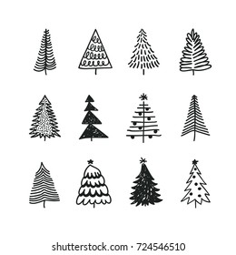 Hand drawn set of Christmas trees. Holidays background. Abstract  doodle drawing woods. Vector art illustration