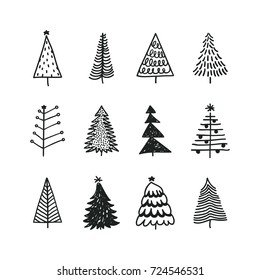 Hand drawn set of Christmas trees. Holidays background. Abstract  doodle drawing woods. Vector art illustration