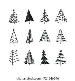Montones de árboles de Navidad dibujados a mano. Fondo de vacaciones. Dibujo abstracto de garabatos. Ilustración de arte del vector