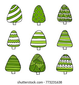 Hand drawn set of Christmas trees. Holidays background. Abstract doodle drawing woods. Vector art illustration