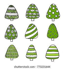 Hand drawn set of Christmas trees. Holidays background. Abstract doodle drawing woods. Vector art illustration