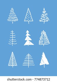 Hand drawn set of Christmas trees. Holidays background. Abstract  doodle drawing woods. Vector art illustration