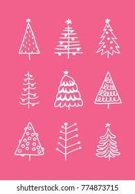 Hand drawn set of Christmas trees. Holidays background. Abstract  doodle drawing woods. Vector art illustration